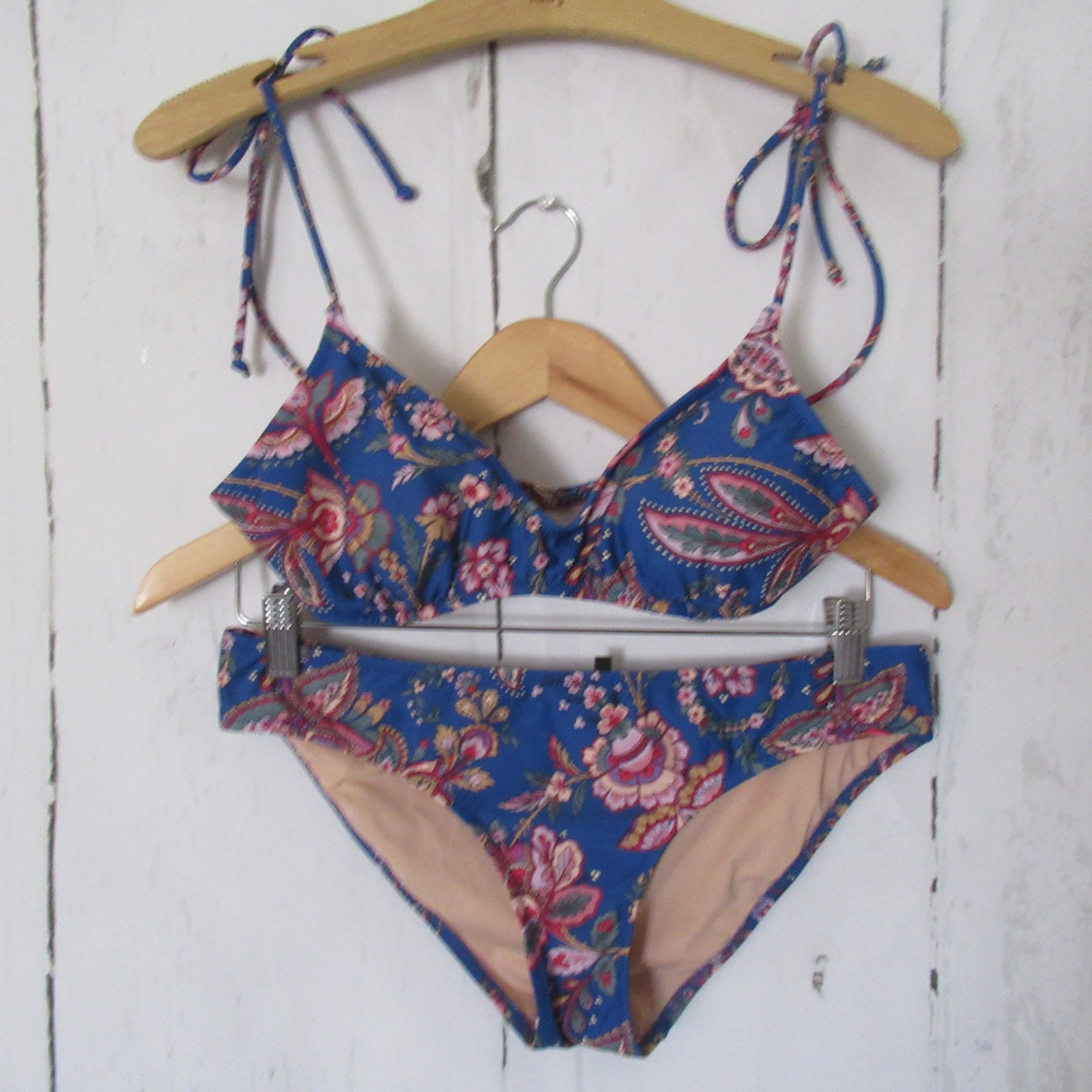 J Crew Bikini S Swimsuit Top Bottom Blue Floral Print Triangle Retro Boho